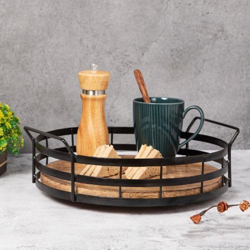 Lazy Susan Turntable Organizer with Handle, Cabinet Pantry Kitchen Countertop - Spinning Spice Rack - Large Round Serving Tray - Made Wood and Sturdy Iron Bars