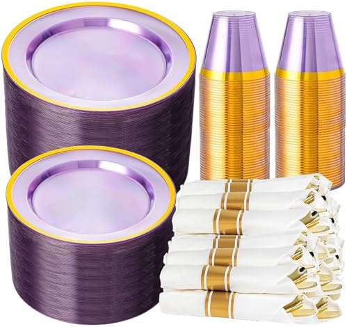 N9R 350PCS Purple Gold Plastic Plates, Disposable Dinnerware Set for Party by N9RTABLEWARE