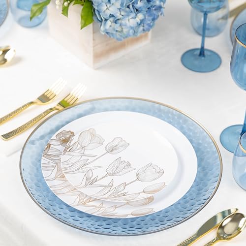 PLASTICPRO 64 Pack Elegant Disposable Plastic Plates Combo Set Includes 32 Dinner Plates and 32 Salad Plates Heavy Duty Fancy Party Plates White & gold Tulip Design - Image 4