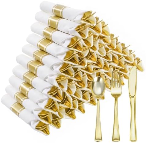 Goodluck 50 Pack Pre Rolled Gold Plastic Silverware with Napkins by GoodLuck