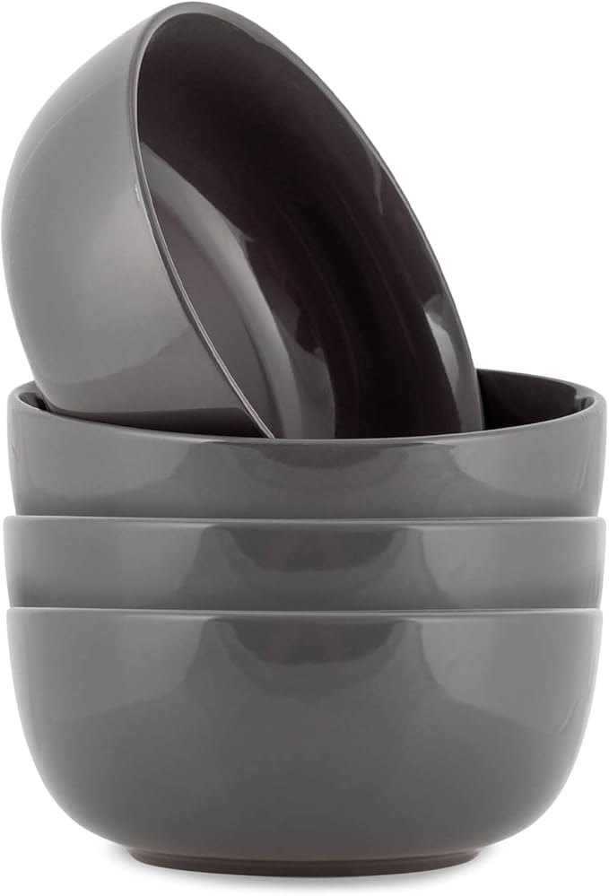 Elanze Designs Bistro Glossy Ceramic 6.5 inch Dinnerware Bowls Set of 4 - Perfect for Everyday uses from Soup, Pasta, Salad, Cereal, Ice cream, Ramen and Pho, Charcoal Grey