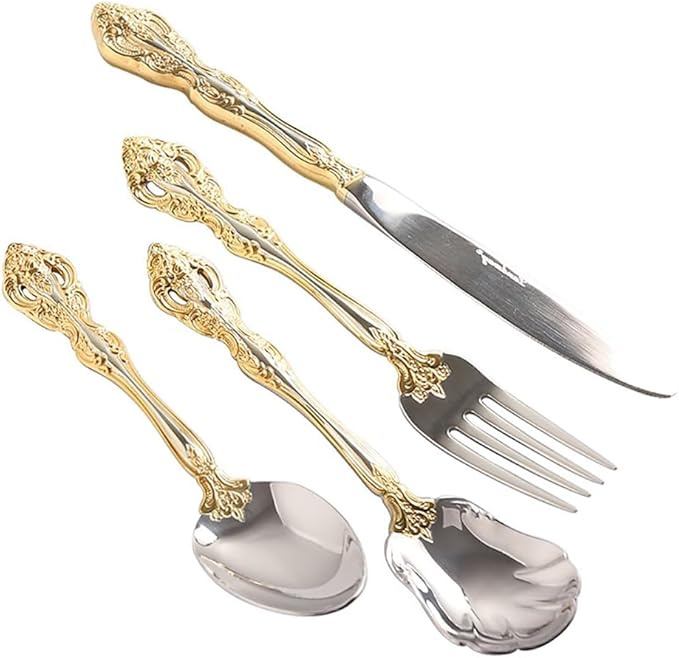 TWEE Silverware Set for 4, 20-piece Luxury Gold-plated Palace Style Stainless Steel Flatware Cutlery Serving Utensils Eating Tableware for Home Kitchen Hotel Restaurant Mirror Polished