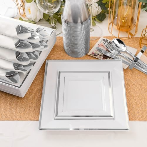 Goodluck 352Pcs Silver Square Plastic Plates with Silver Trim for 50 Guests (Pack of 3) - Image 3