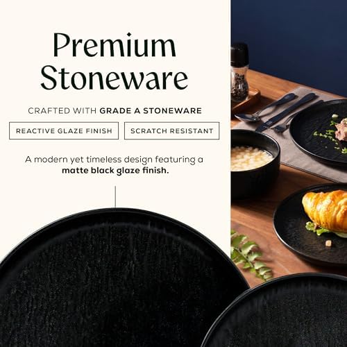 Joseph Sedgh Collection Durable Stoneware Dinnerware Set with Reactive Glaze Finish, 12-Piece, Ari Matt Black - Image 4