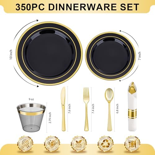 BESTVIP 525 Piece Black Gold Dinnerware Set for 75 Guests - Image 5