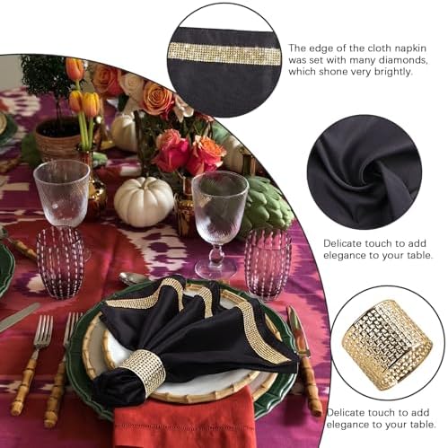 VIJIV 12 Pack Cloth Napkins and Gold Napkin Rings Set of 6, 17x17 Bling Trim Satin Cocktail Napkins Cloth Washable Personalized Dinner Napkins for Wedding Party Holiday Decorative - Image 3