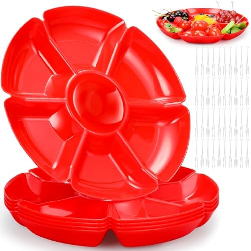 Zhehao 6 Pcs Plastic Divided Serving Trays with 60 Pcs Disposable Fork, 7 Compartments Round Chip Dip Plate, Petal Shape Platter, 10.6'' Snacks Serving Dish for Party Candy Nuts Fruits (Red) by Zhehao