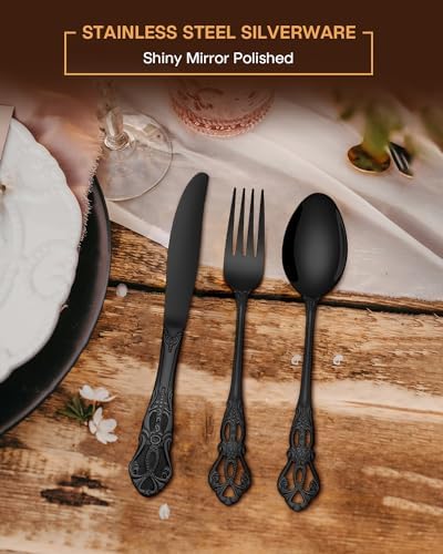 EUIRIO 40 Pieces Black Silverware Set, Royal Retro Flatware Set for 8, Stainless Steel Cutlery Set with Luxury Forks Spoons and Knives, Utensils Set Mirror Polished, Dishwasher Safe - Image 5