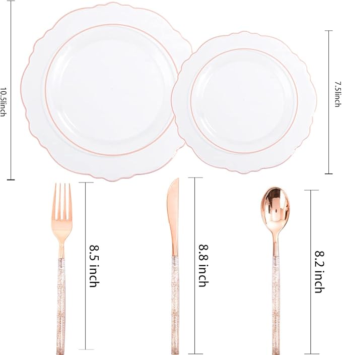 Liacere 150PCS Rose Gold Plastic Plates - Clear Rose Gold Disposable Plates with Glitter Bamboo Handle Cutlery - 60 Baroque Elegant Plates, 30 Forks, 30 Spoons, 30 Knives for Wedding＆Valentine's Day