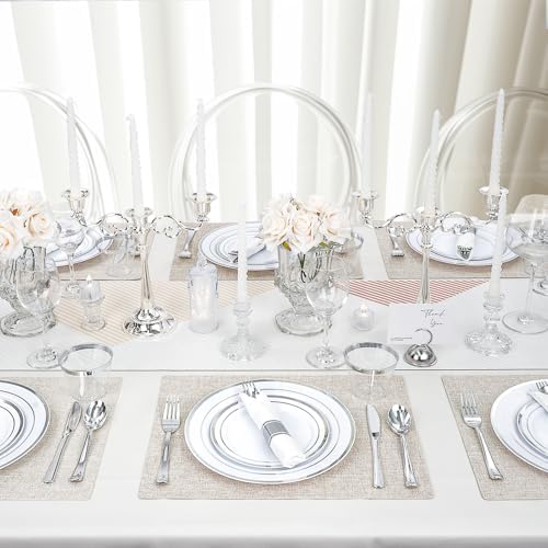 700 PCS White and Silver Plastic Dinnerware Set for 100 Guests, 200 Disposable Plates for Party, 100 Pre Rolled Napkins with Silver Silverware, 100 Cups - Image 6