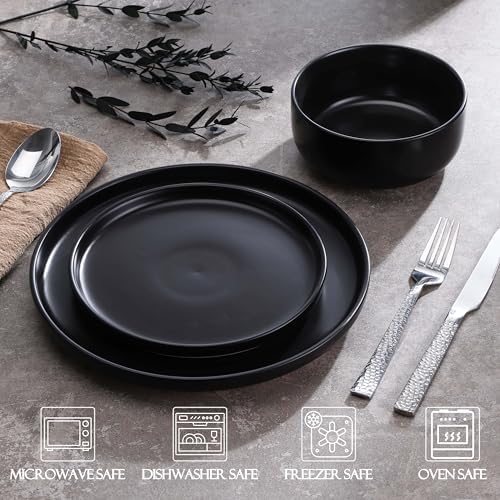LIANYU Stoneware Dinnerware Sets for 4, 12 Piece Plates and Bowls Set, Ceramic Dishware Dishes for Dining, Scratch Resistant Kitchen Porcelain Plates, Microwave & Dishwasher Safe, Matte Black - Image 5
