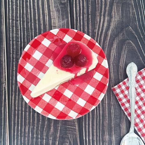 UP Gingham Melamine Round Dessert Plates, Small Serving Plates, for Appetizer, Snacks, and Side Dishes, Red, 6 Inch, Set of 4 - Image 2