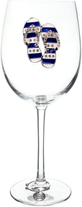 THE QUEENS' JEWELS Blue and White Flip Flop Jeweled Stemmed Wine Glass, 21 oz. - Unique Gift for Women, Birthday, Cute, Fun, Not Painted, Decorated, Bling, Bedazzled, Rhinestone