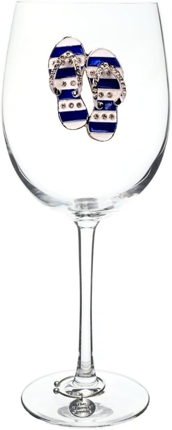 THE QUEENS' JEWELS Blue and White Flip Flop Jeweled Stemmed Wine Glass, 21 oz. - Unique Gift for Women, Birthday, Cute, Fun, Not Painted, Decorated, Bling, Bedazzled, Rhinestone