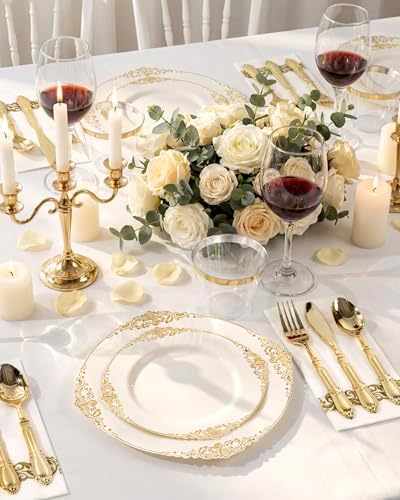 Morejoy 175 PCS Lvory Plastic Plates - Lvory Gold Plastic Dinnerware Sets - Image 3