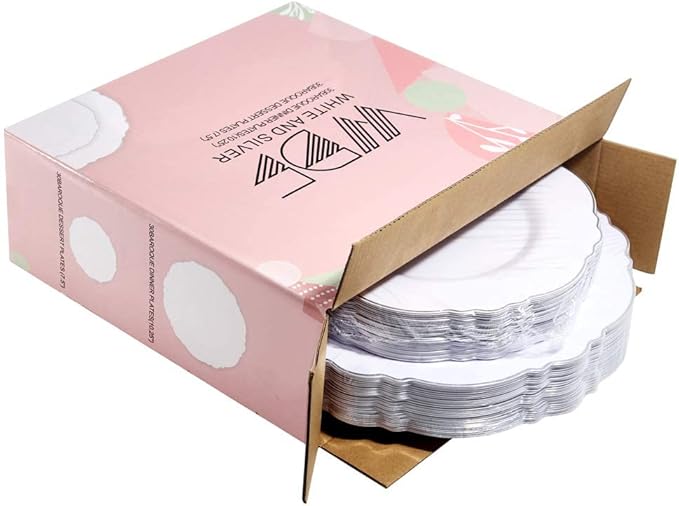 WDF 60pcs Silver Plastic Plates-Baroque White &Silver Plates for Upscale Parties &Wedding-including 30Plastic Dinner Plate 10.25inch, 30 Salad Plate 7.5inch for Valentine's Day