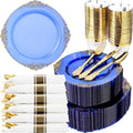 Nervure 350Pcs Blue Plastic Plates, Disposable Dinnerware Set for 50 Guests by Nervure