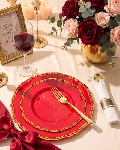 Hioasis 175 Pcs Red Gold Plastic Plates Wedding & Party - Image 6