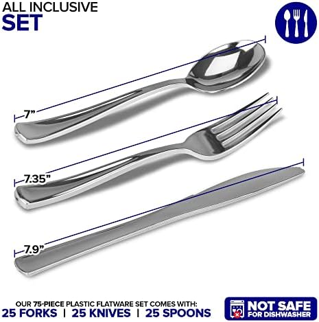 75 Pieces Heavy Duty (Silver) Plastic Silverware Set, Disposable Cutlery Set, Great for Parties, Weddings, and Catering, Flatware Utensils Included: 25 Forks, 25 Spoons, 25 Knives, Stock Your Home - Image 2