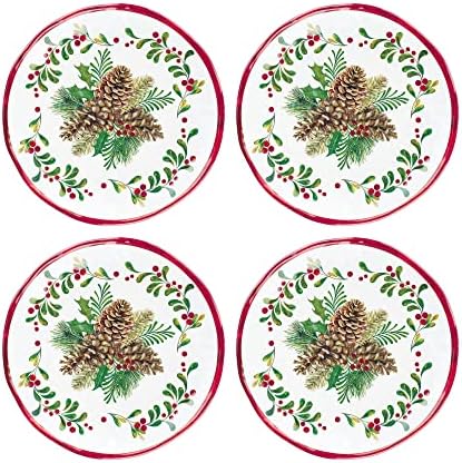 UP Pinecones Melamine Round Dessert Plates, Small Serving Plates, Christmas Decorations, for Appetizers, Snacks, and Side Dishes, Red, 6 Inch, Set of 4 by UPware