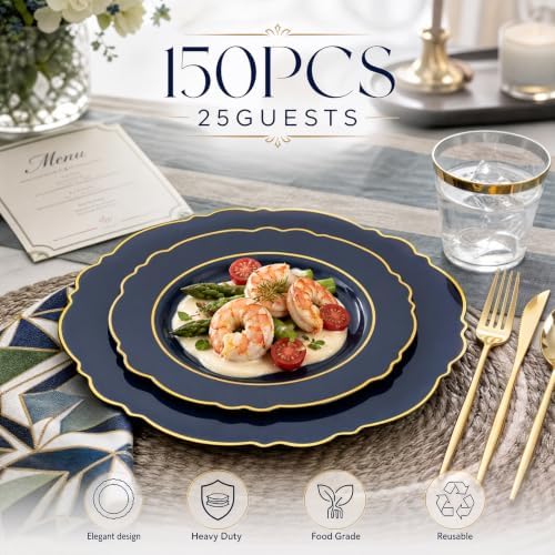 Liacere 150Pcs Navy Blue Plastic Plates-Blue Gold Disposable Plates Set-Blue Gold Rim Disposable Plastic Dinnerware include 50Plates,25Pack Silverware and 25Cups for Wedding/Party/Halloween/Labor Day - Image 5