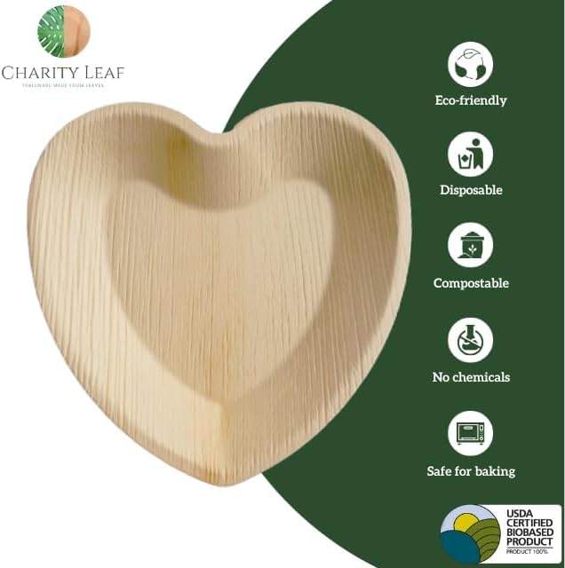 Charity Leaf Disposable Palm Leaf 8" Heart Plates (25 pieces) Bamboo Like Serving Platters, Disposable Boards, Eco-Friendly Dinnerware For Weddings, Catering, Events