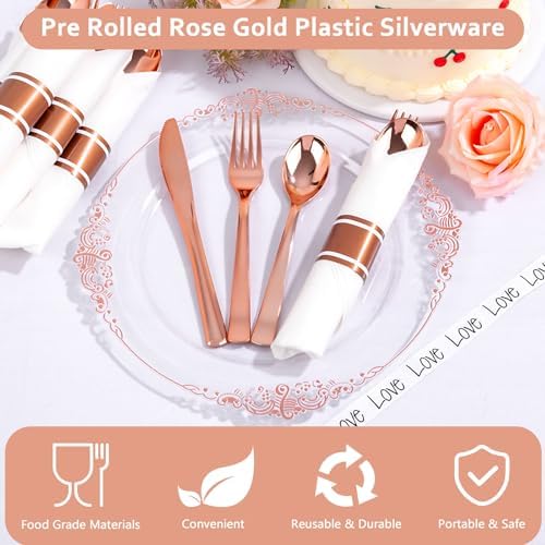 400PCS Pre Rolled Rose Gold Plastic Silverware Heavy Duty for Party - Image 7