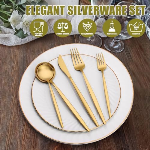 20 Piece Gold Silverware Set for 4, Terlulu Stainless Steel Flatware Set, Gold Cutlery Set Utensils Set, Tableware Include Forks Knives Spoons for Home Kitchen Restaurant Wedding, Satin Finish - Image 5