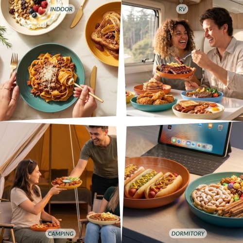 Homienly Wheat Straw Deep Plates Set of 12 Large Salad Plates 10 Inch Lightweight & Unbreakable Plastic Plates Microwave & Dishwasher Safe Plates for Bread & Butter, Party, Camping (Multi) - Image 7