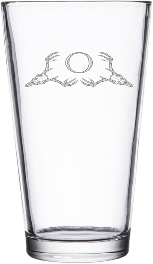 Hat Shark Deer Skull Letter Monogram Pint Beer Glass, 16 oz, Clear, A-Z Initials (1, Letter O)