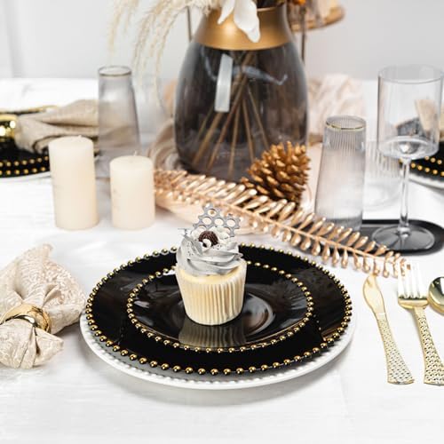 HOMIP 50PCS Disposable Black Plastic Plates with Gold Pearl-Beaded Rim - Image 7