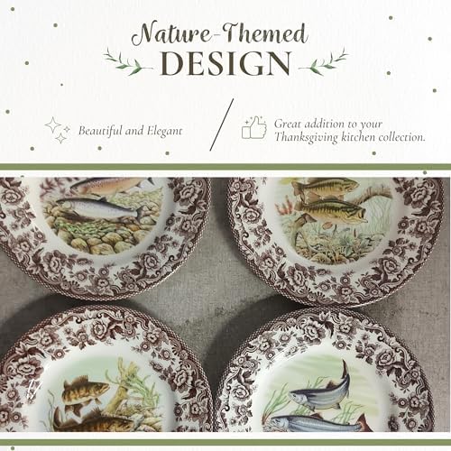 Spode Woodland Fine Porcelain Salad Plate - Walleye Design with Brown Floral Border, Classic English Country Tableware for Family Dinners, Holiday Entertaining & Elegant Dining Decor - Image 3