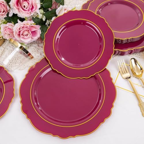 Liacere 175PCS Red Plastic Plates - Disposable Burgundy Red and Gold - 25guest Baroque Plastic Dinnerware include 50Plates, 25Pack Pre Rolled Napkins with Silverware 25Cups for Party & Halloween - Image 6