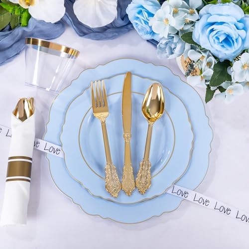 Liacere 175PCS Bule Plastic Plates - Disposable Ligh Bule and Gold Plates - Baroque Plastic Dinnerware 50Plates, 25Pack Pre Rolled Napkins with Silverware 25Cups for Baby Shower Party & Wedding - Image 6