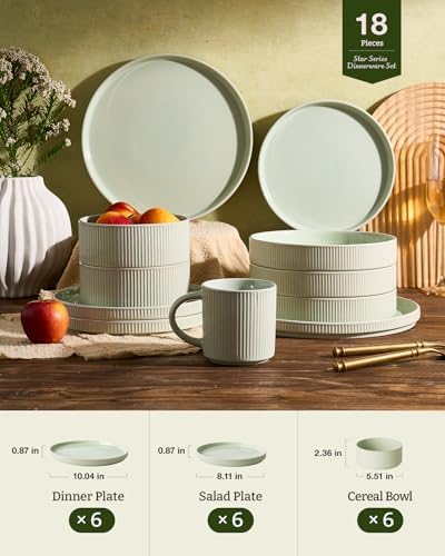 Famiware Stoneware Dishes Dinnerware Sets for 6, Ribbed Plates and Bowls - Image 6