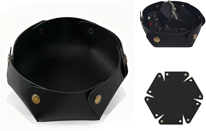 Black leather storage tray, multi-functional clutter organizer with snap fasteners, octagonal key, jewelry and accessory storage bowl, diameter: 4.7 inches, height: 1.7 inches