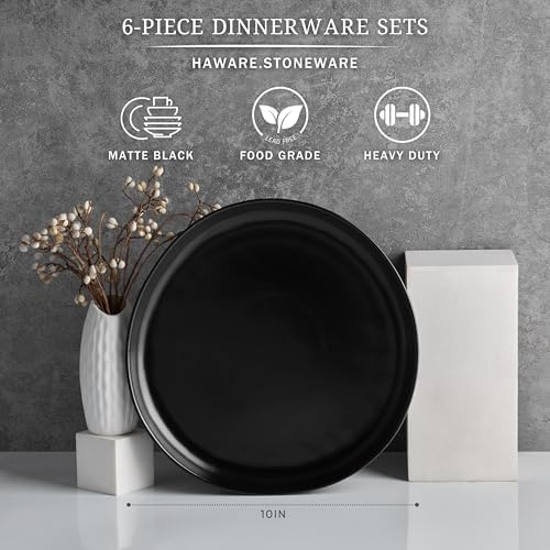 HaWare Stoneware Dinner Plates Set of 6, 10" Heavy Duty Ceramic Plates, Reactive Glaze Dinnerware for Home Restaurant, Chip and Scratch Resistant, Microwave and Dishwasher Safe, Matte Black - Image 2