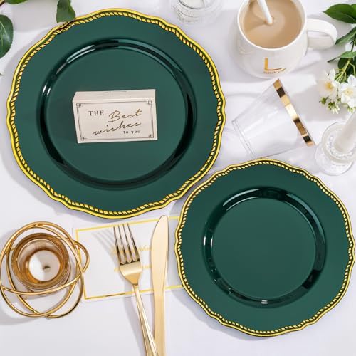 Hioasis 175 Pcs Green Gold Plastic Plates Wedding & Party - Image 7