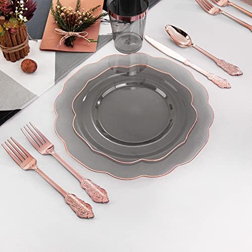 BUCLA 30Guests Clear Black Plastic Plates With Rose Gold Silverware & Cups - Rose Gold Rim Plastic Dinnerware Ideal for Party & Wedding - Image 6
