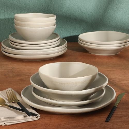 Gibson Elite Island Cove 16 Piece (Service for 4) Plates and Bowls Reactive Glaze Organic Round Dishes Stoneware Ceramic Dinnerware Set -Light Grey - Image 2