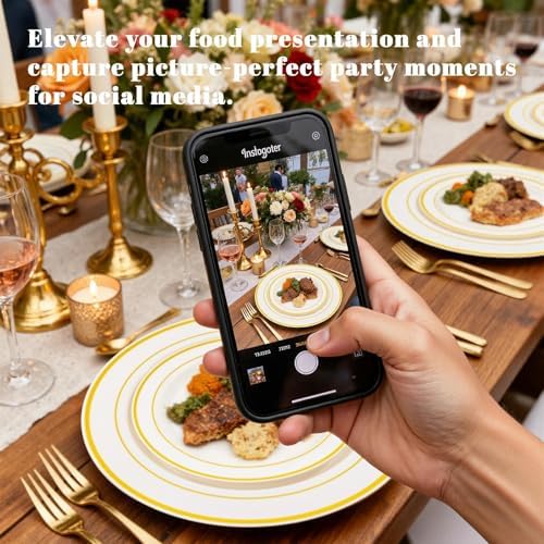 WELLIFE 210PCS Ivory Plastic Plates for 30 Guests - Gold Plastic Plates, Platos Para Fiestas Elegantes Desechables, Disposable Plate for Party and Wedding - Image 6