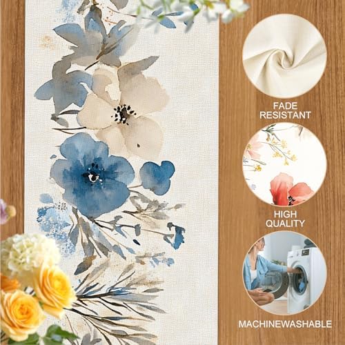 ANNA QUEEN Blue Floral Table Runner and Placemats Set of 6, 13"x72" Table Runner with 12"x18" Placemats, Rustic Linen Style Dining Set for Farmhouse, Kitchen, Everyday Decor - Image 4
