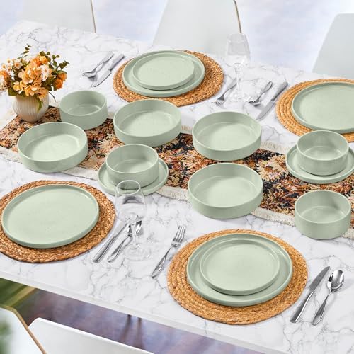 Herogo 24 Piece Plates and Bowls Set, Kitchen Dinnerware Sets with Pasta Bowls, Dinner Ware Dishes Service for 6, Chip & Scratch Resistant Porcelain Kitchen Dishware, Speckled Light Green - Image 7