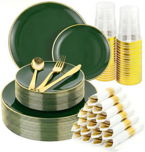 Green Gold Dinnerware Set Disposable Plates for 350PCS 50 Guests by cheerserve