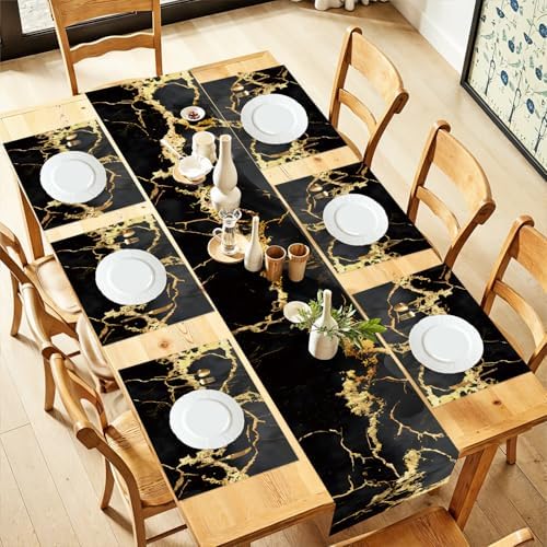 ANNA QUEEN Gold and Black Marble Table Runner and Placemats Set of 6 – Elegant 13"x72" Table Runner with 12"x18" Placemats, Luxury Dining Table Decor for Kitchen, Modern Home Décor, Party by ANNAQUEEN
