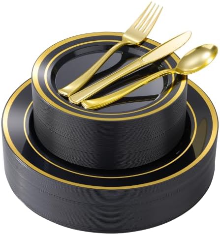 Goodluck 250 PCS Black Plastic Plates with Gold Rim＆Cutlery Set (50 Guests) by GoodLuck