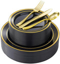 Goodluck 250 PCS Black Plastic Plates with Gold Rim＆Cutlery Set (50 Guests) by GoodLuck