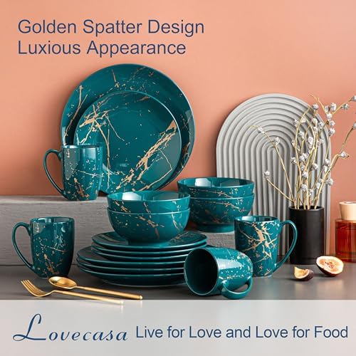 LOVECASA Porcelain Dinnerware Sets for 4, 16 PCS Plates and Bowls Set, Color Glaze with Gold Plate Dish Set, Dinner Sets with Dinner Plates, Dessert Plate, Bowls and Mugs, Dark Green - Image 3