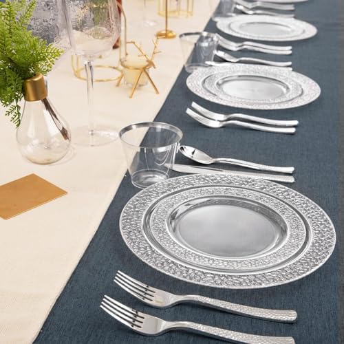 Ciaell 150PCS Clear Silver Plastic Plates - Silver Disposable Plates include 25Dinner Plate, 25Dessert Plate, 25Forks, 25Knives, 25Spoons, 25Cups for Weddings & Parties (Pack of 2) - Image 5