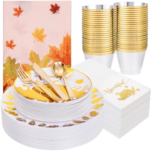 Festiva 176Pcs Thanksgiving Plastic Plates - Heavy Duty Thanksgiving Plates - Thanksgiving Disposable Dinnerware Set include 50 Plates,75 Silverware, 25 Cups, 25 Pumpkins Napkins, 1Tablecloth by Festiva